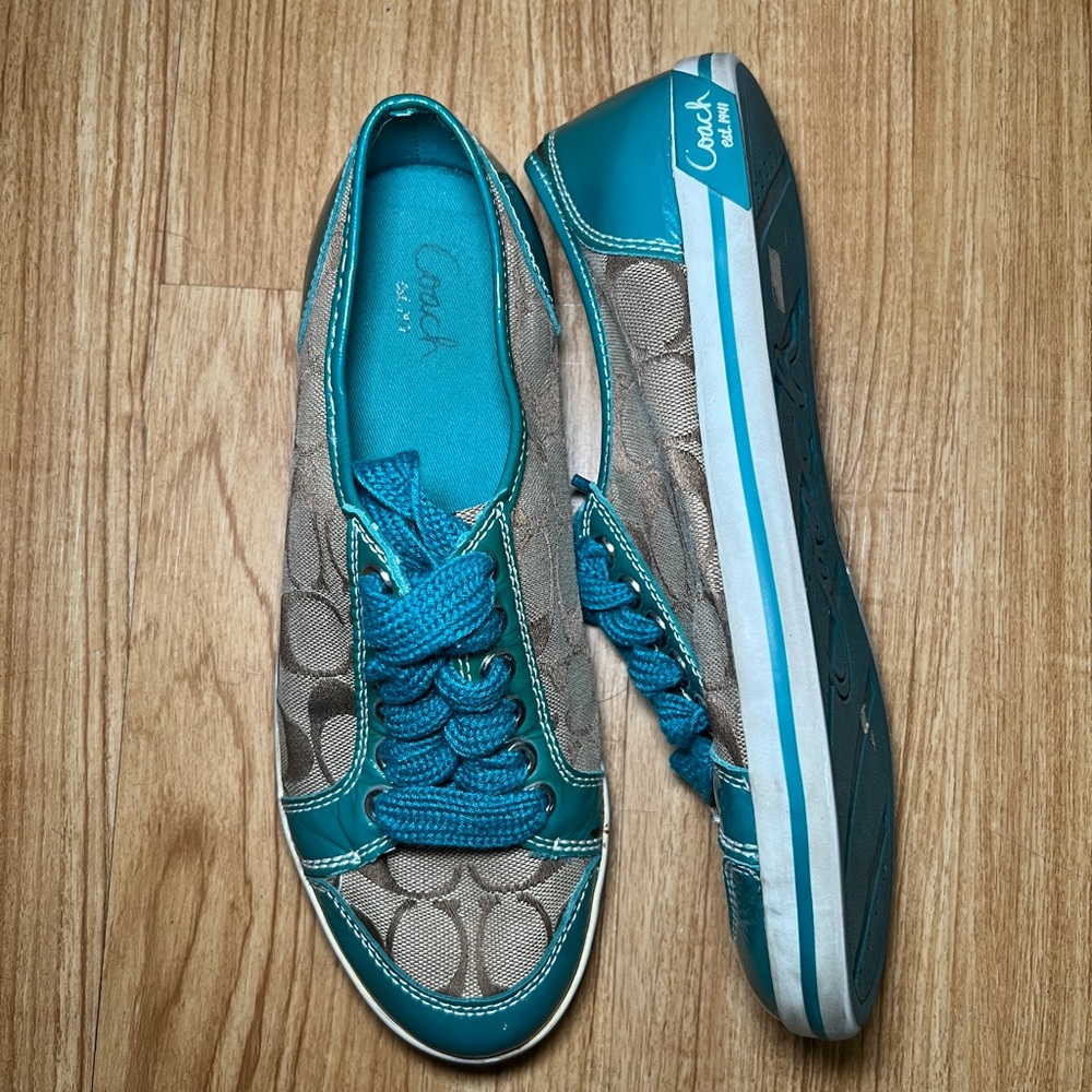 Coach Brodi Khaki Teal Blue Signature Patent Leather Jacquard Women